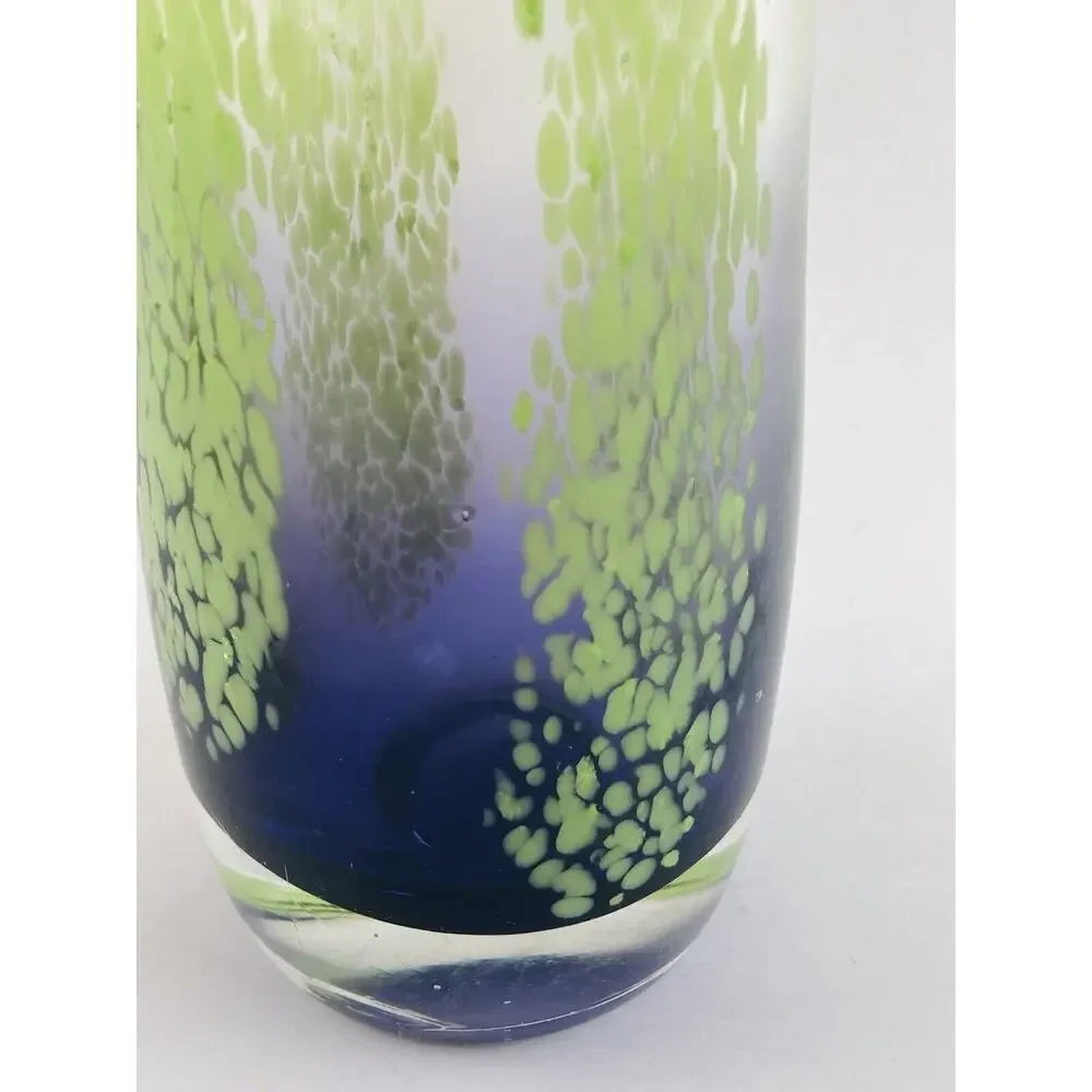 Art Glass Blown Vase 8” Blue Lime Green Splatter Speckle Stripe Wide Mouth Flare
